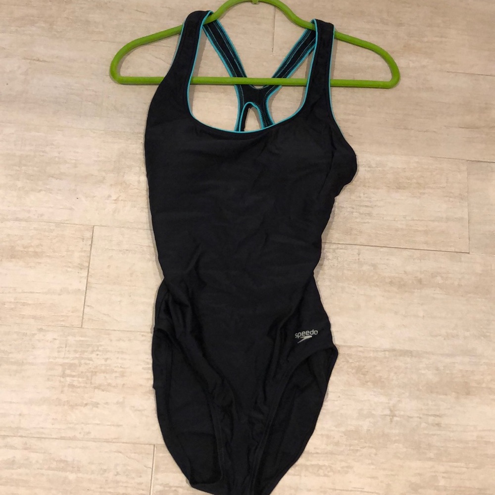 Speedo black and teal one piece bathing suit